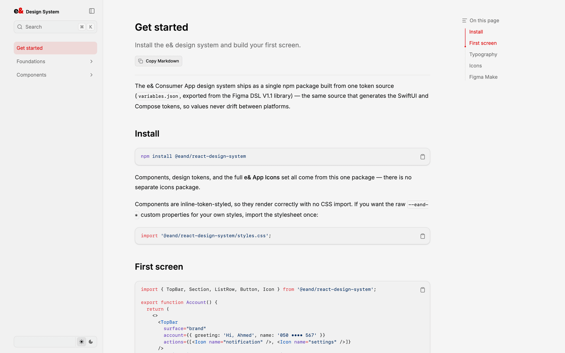 Get started — install, import, and a real first screen composed from the components
