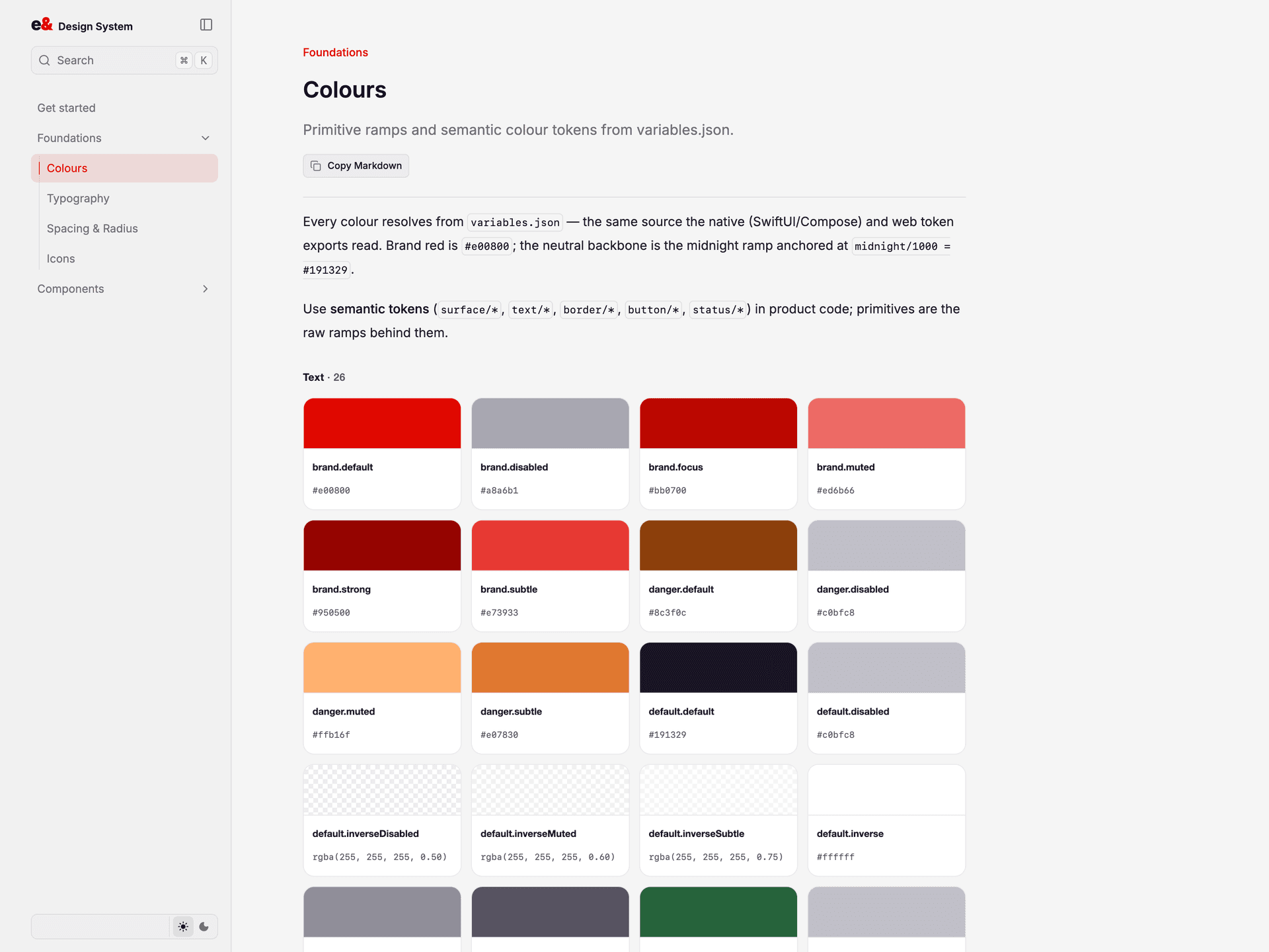Colour — semantic tokens over primitive ramps, every swatch traced to variables.json