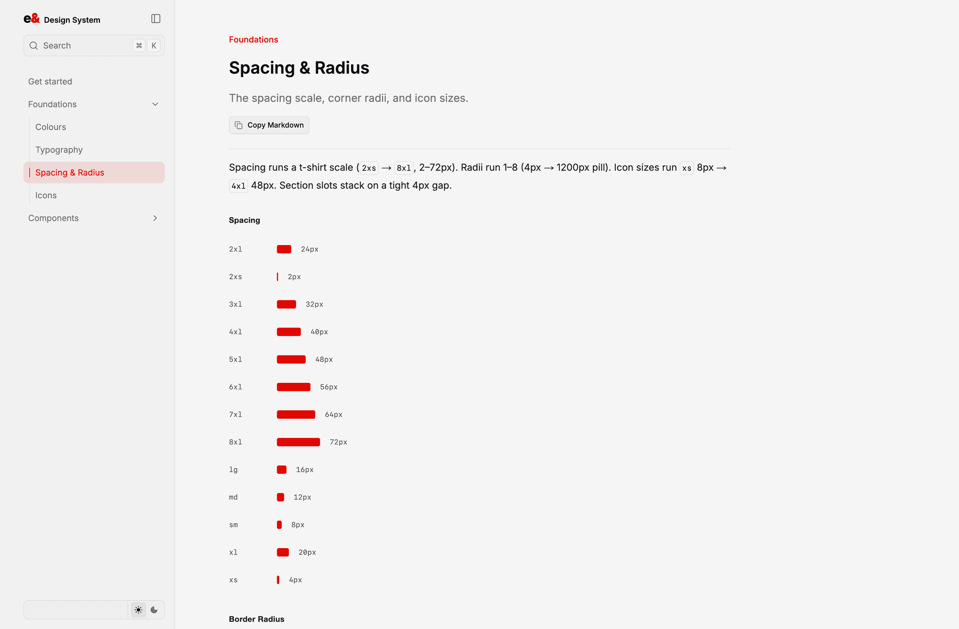 Spacing & radius — a t-shirt scale from 2px to 72px, plus radii and icon sizes