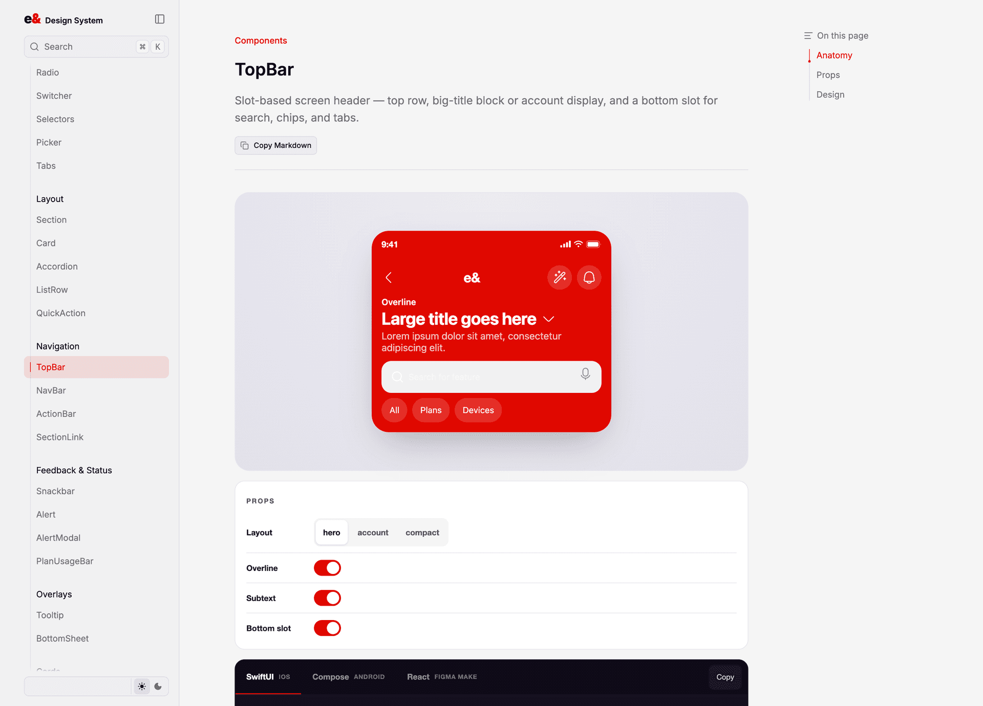 TopBar — a slot-based header API, with SwiftUI / Compose / React output below
