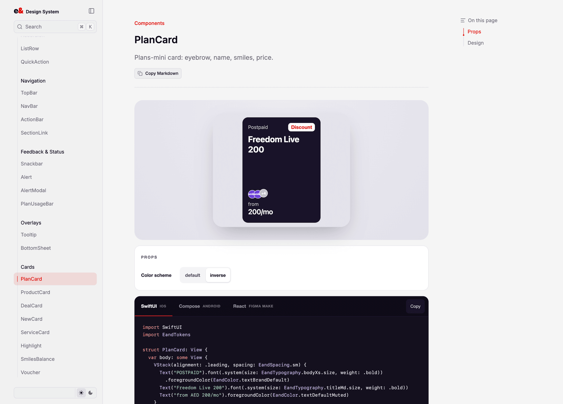 PlanCard — the same component emitting real SwiftUI against EandTokens