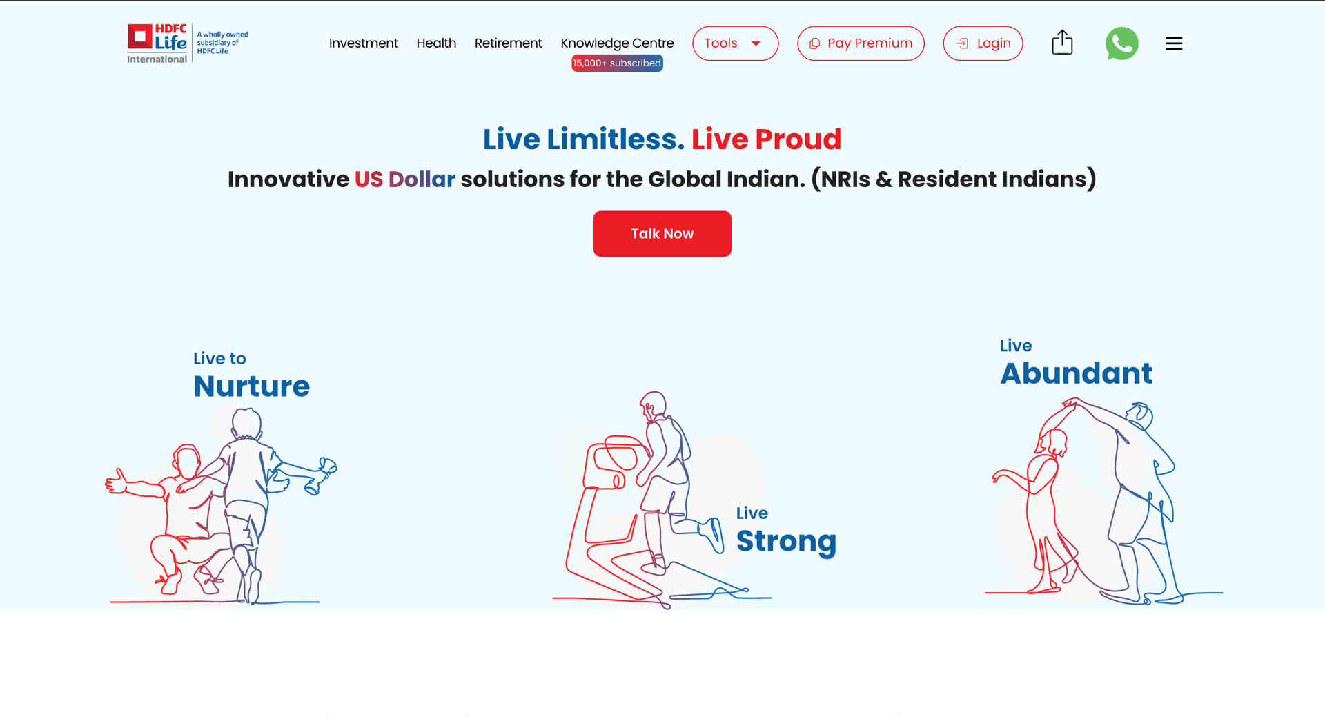 Live Limitless. Live Proud — the value prop with three animated line illustrations: Nurture, Strong, Abundant