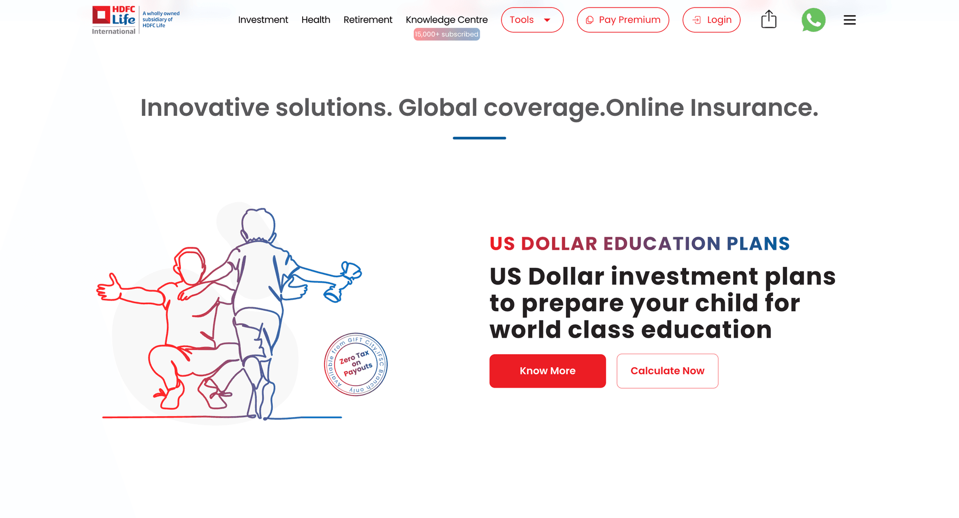 Education plans landing — US Dollar investment plans for world-class education, anchored to the running figure illustration
