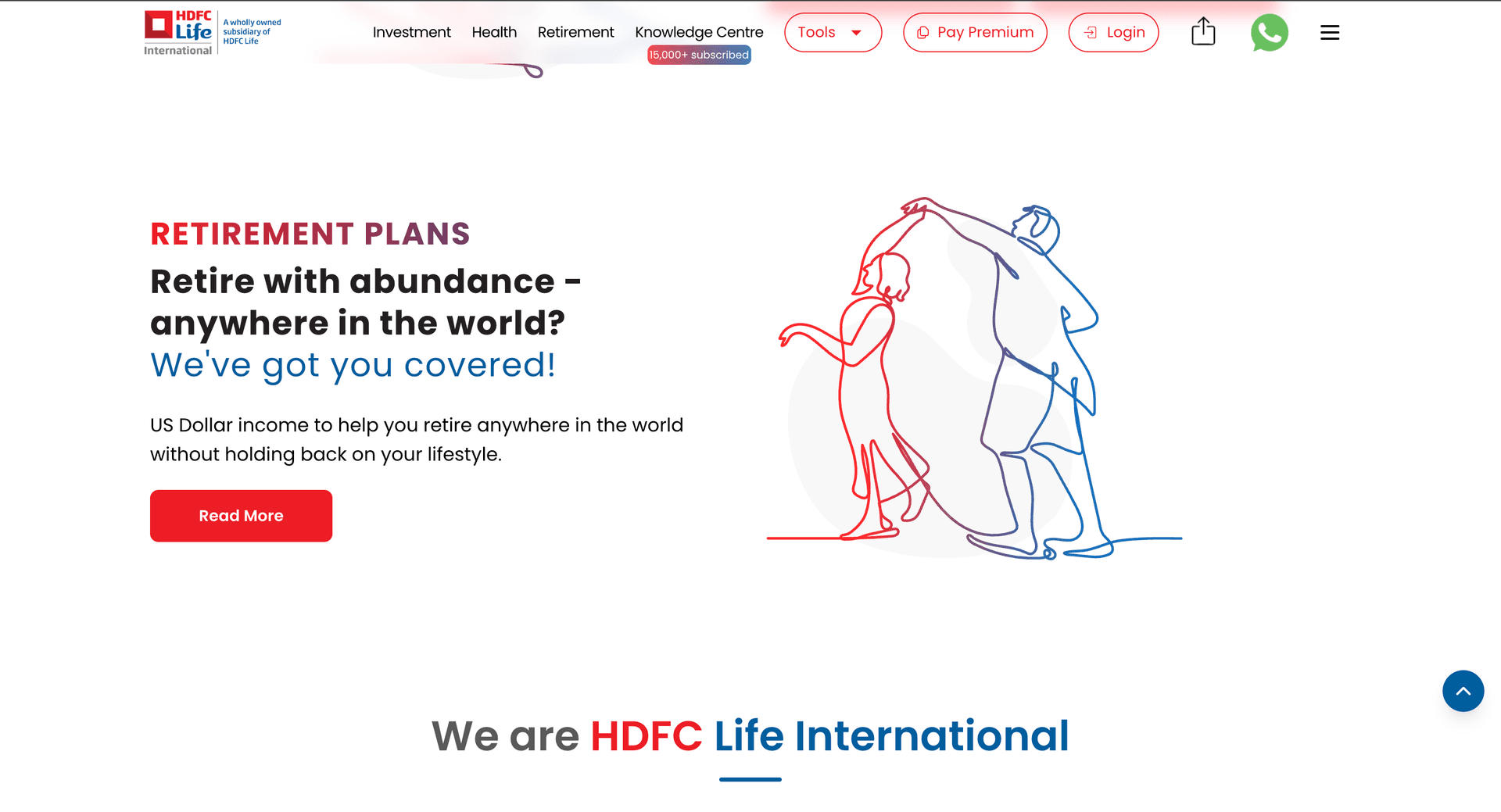Retirement plans — "retire with abundance, anywhere in the world" with the dancing-couple illustration as the emotional anchor