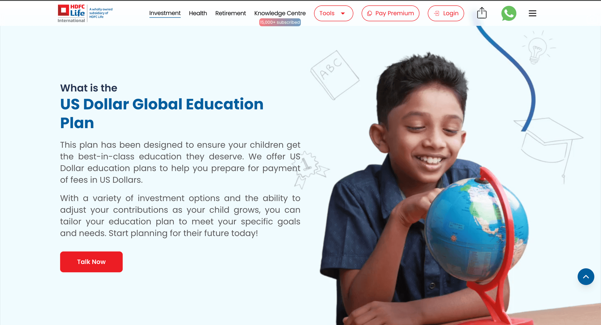 US Dollar Global Education Plan — full plan detail page with "Make Your Own" calculator entry point