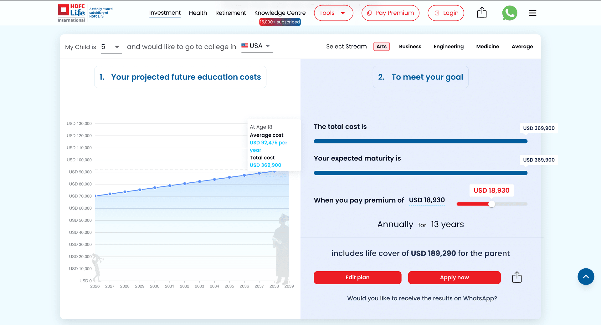 Education calculator — child age × destination × stream projects costs against premium needed and maturity value, in one glance