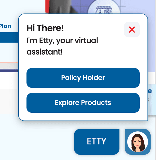 Etty launcher — the friendly invite that drops in over the page, with quick-routing CTAs (Policy Holder / Explore Products) before the bot even opens