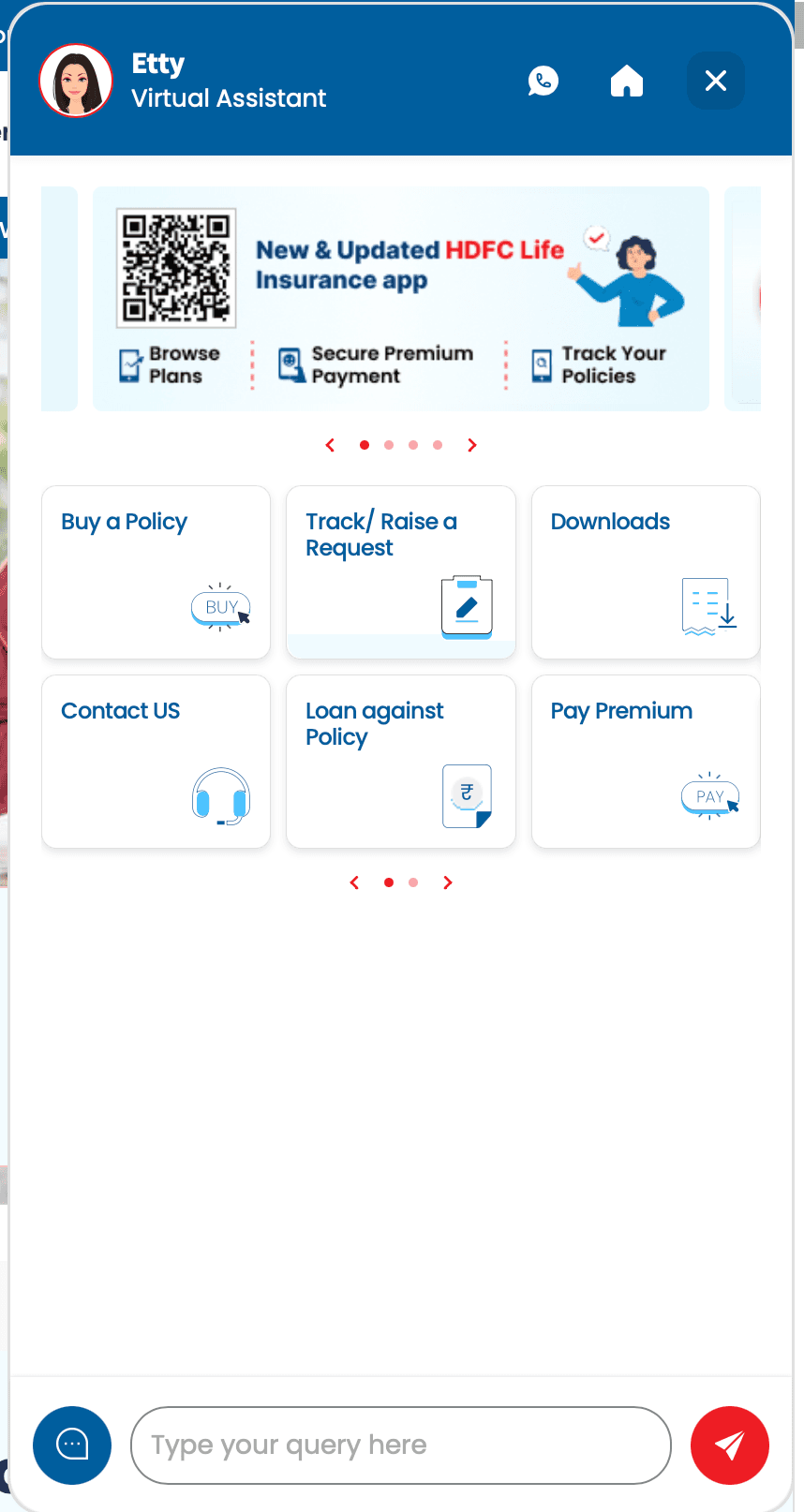 Etty full panel — structured action grid (Buy a Policy / Track Request / Pay Premium / Loan against Policy / Contact / Downloads) so the bot routes you to the right surface without forcing typing